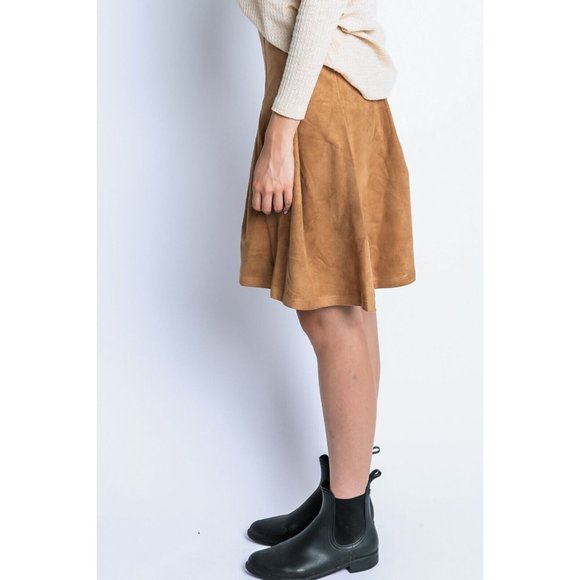 Women's Casual Pleated Suede Solid High Low Midi Skirt Tan Size S,M,L - Picture 14 of 14